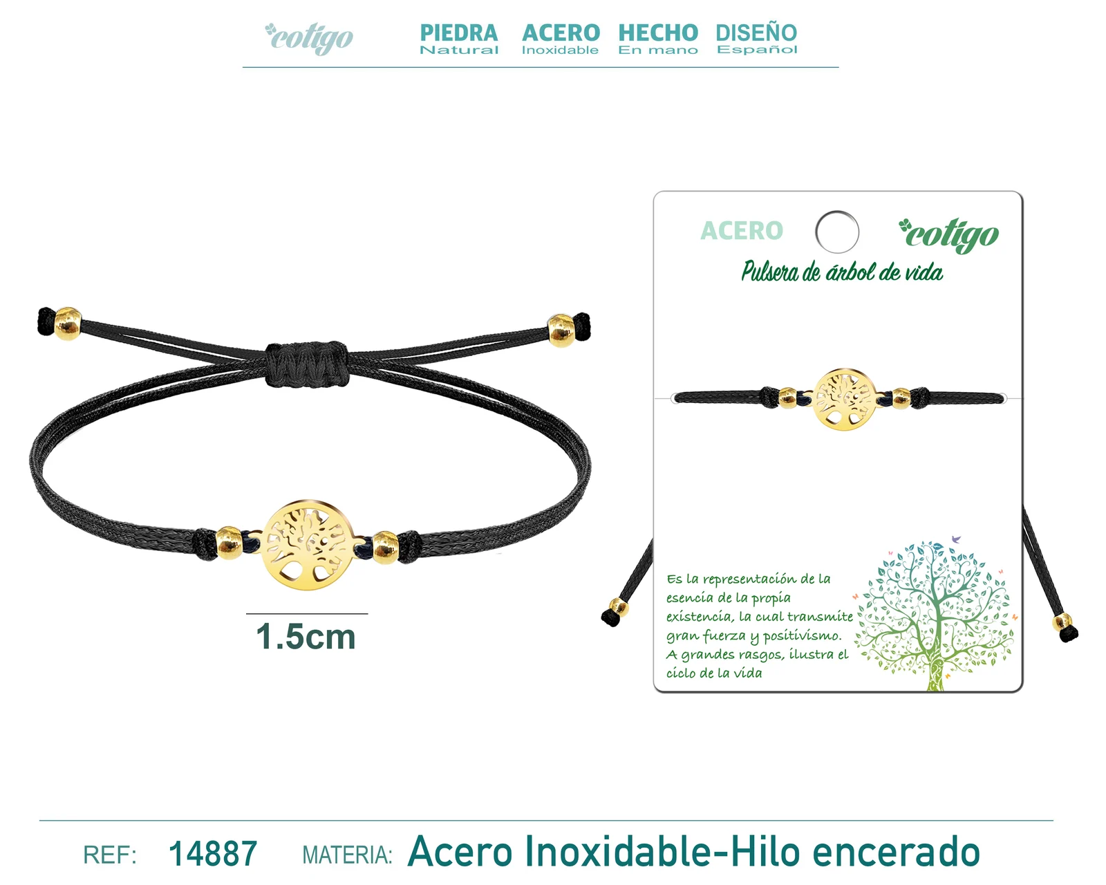 PULSERA HILO ENCERADO NEGRO-ARBOL DE VIDA DORADO