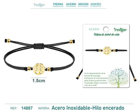 PULSERA HILO ENCERADO NEGRO-ARBOL DE VIDA DORADO