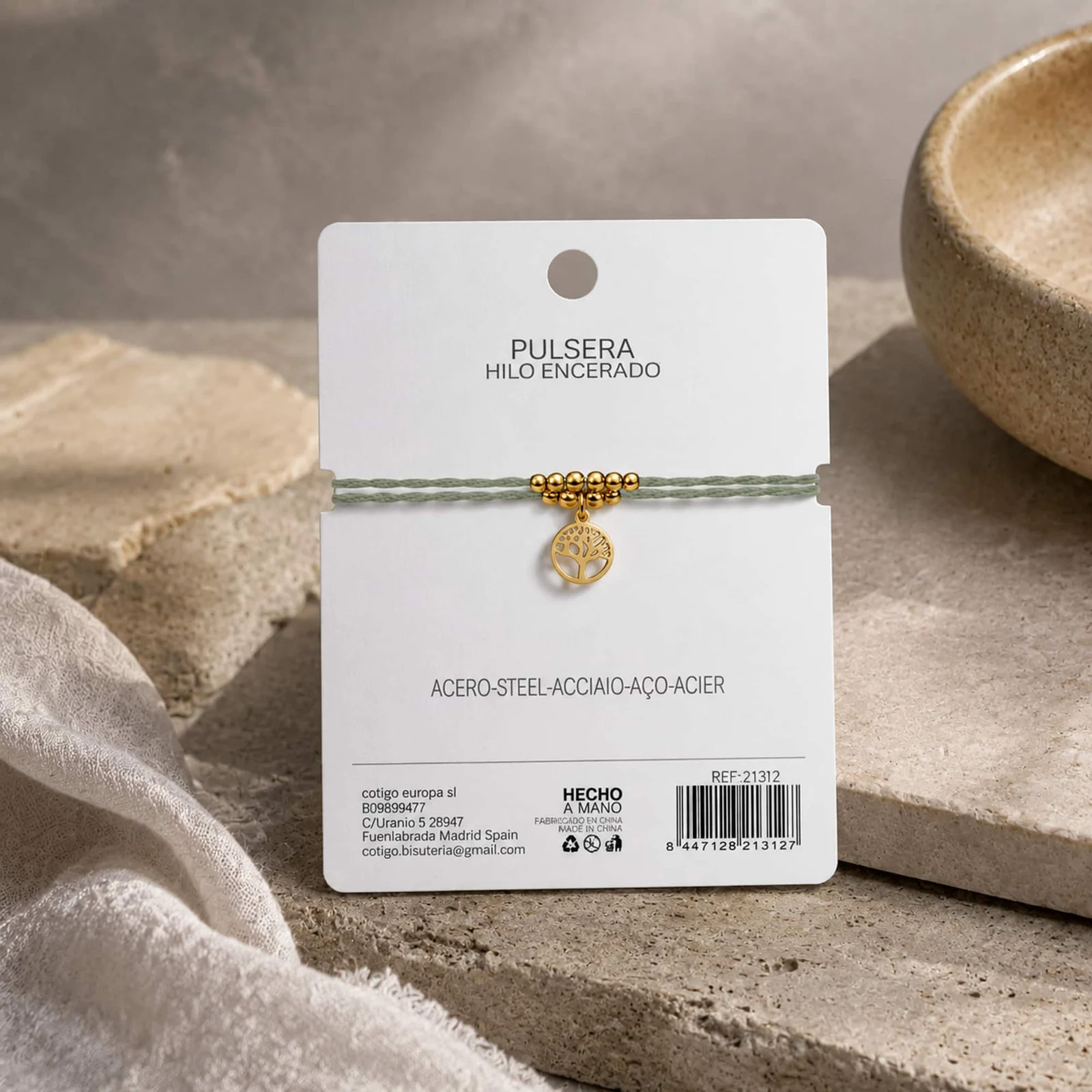 PULSERA HILO ENCERADO CON COLGANTE ÁRBOL DE VIDA ACERO DORADO