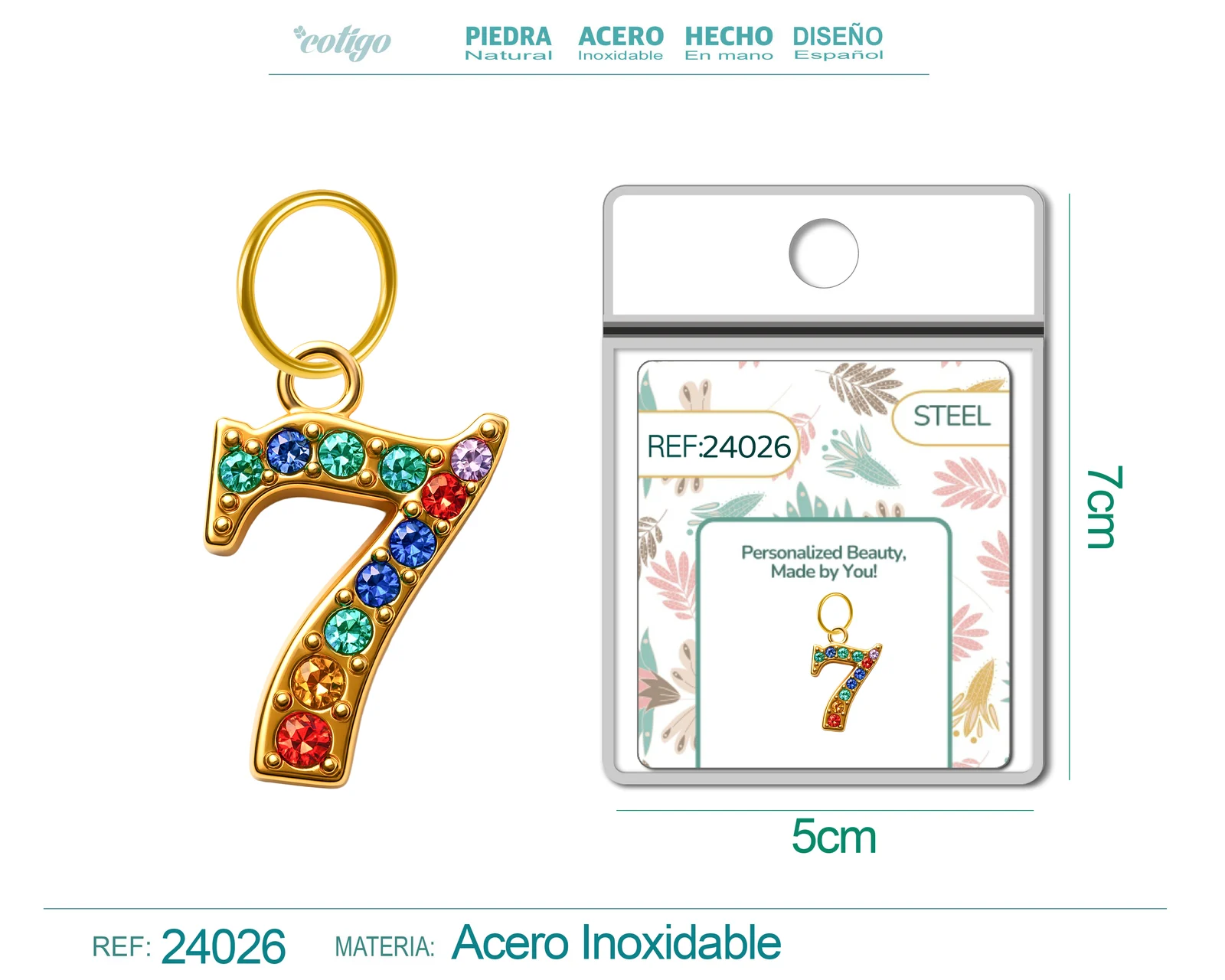 CHARM DE NÚMERO 7 ACERO COLOR DORADO CON CIRCONITA