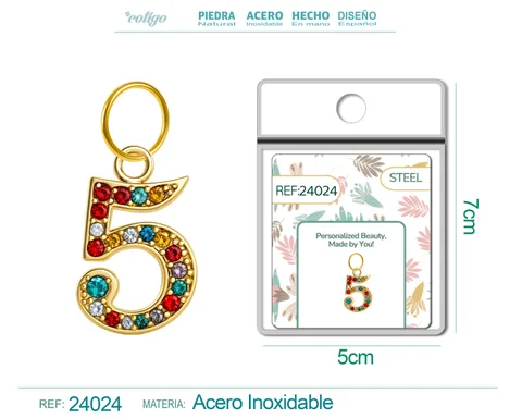 CHARM DE NÚMERO 5 ACERO COLOR DORADO CON CIRCONITA