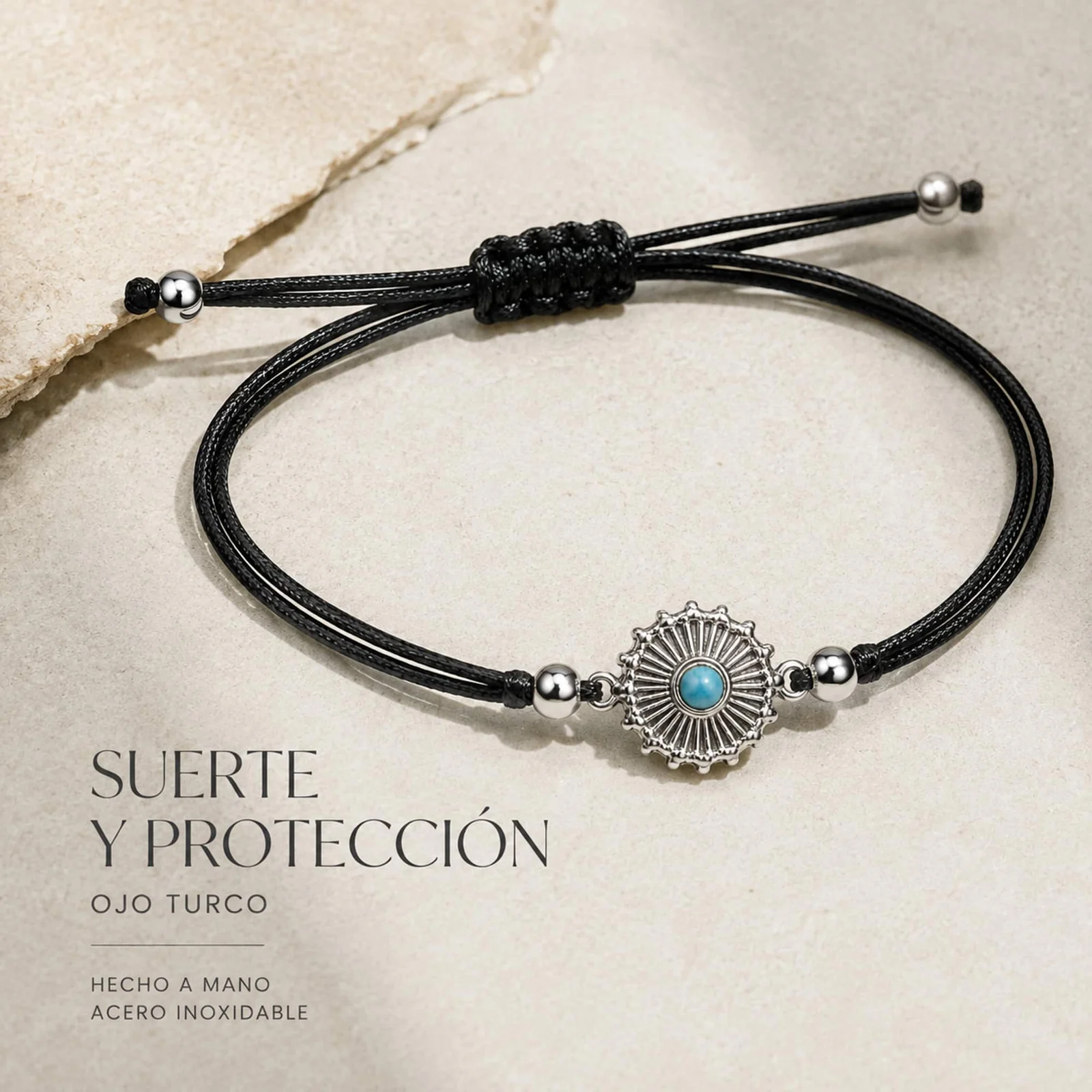 Pulsera Hilo encerado Negro CON OJO TURCO Plateado