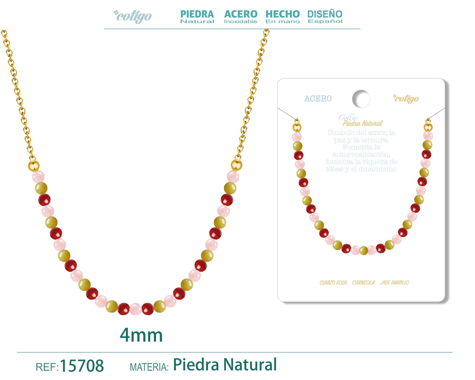 COLLAR CARNEOLA，JADE AMARILLO，CUARZO ROSA 4MM