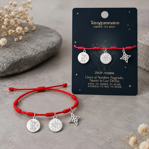 PULSERA 7 NUDOS CON TETRAGRÁMATON  NUDO DE BRUJA Y SAN MIGUEL ARCÁNGEL ACERO PLATEADO