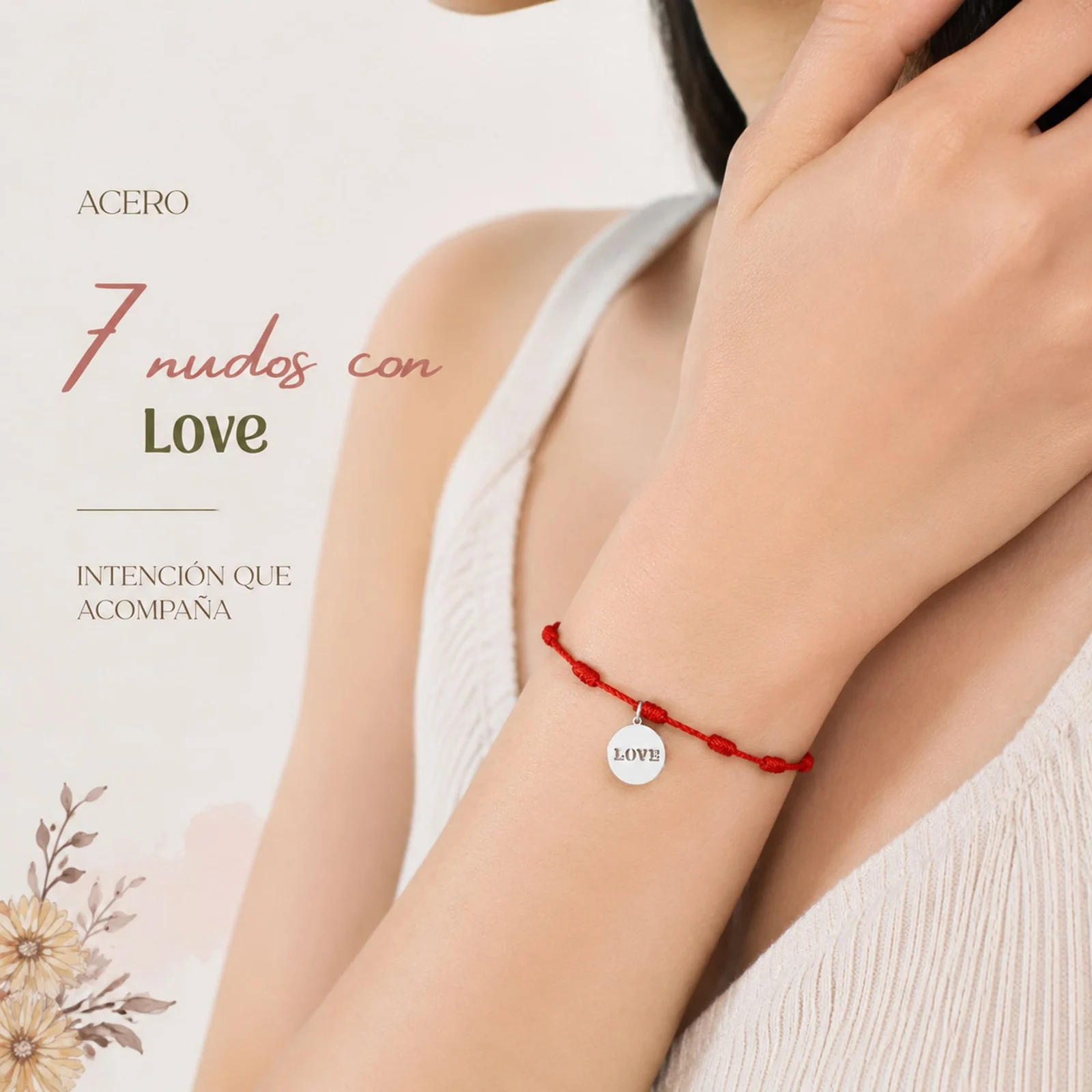 PULSERA 7 NUDOS CON LOVE COLOR PLATEADO