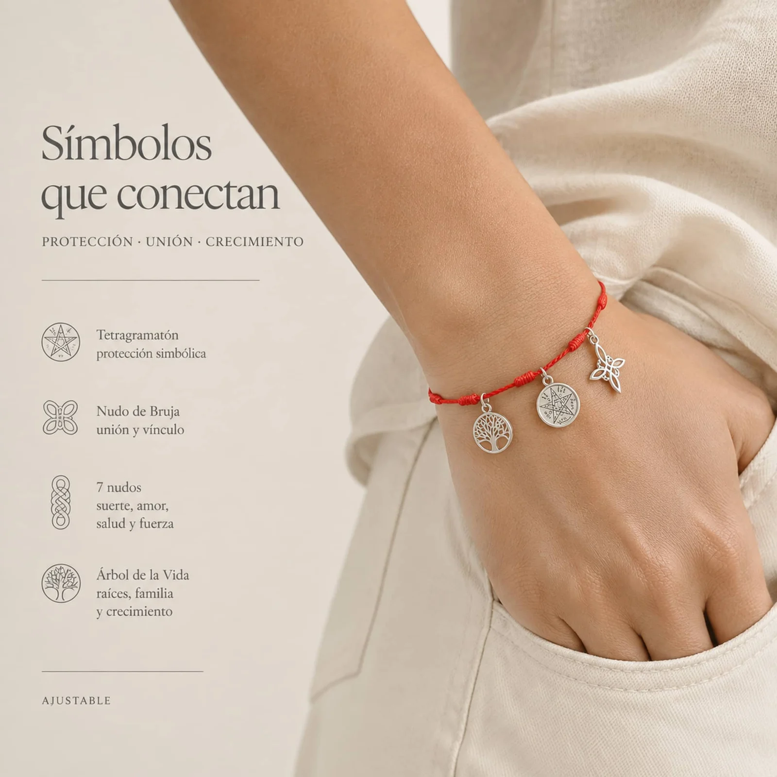 PULSERA 7 NUDOS CON TETRAGRÁMATON  NUDO DE BRUJA Y ÁRBOL DE LA VIDA ACERO PLATEADO