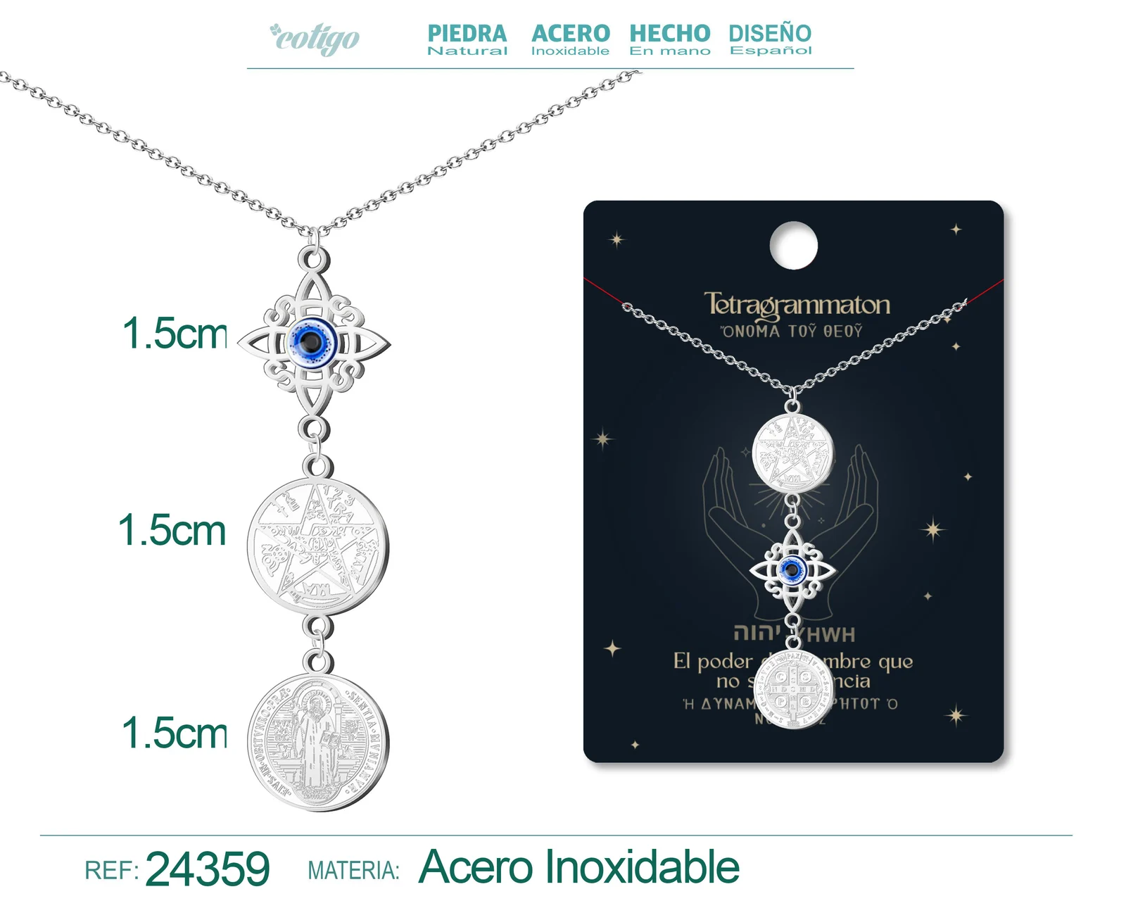 COLGANTE DE TETRAGRAMATON + NUDO DE BRUJA CON OJO TURCO + SAN BENITO ACERO PLATEADO