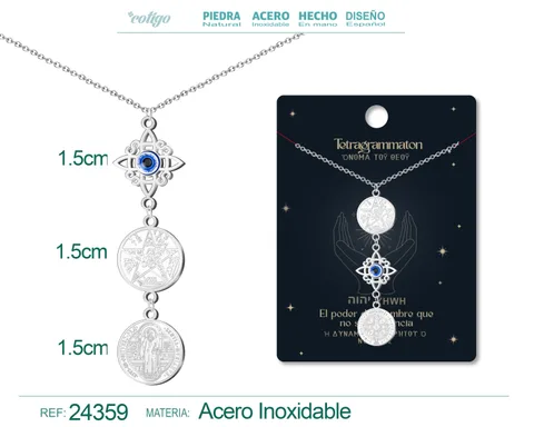 COLGANTE DE TETRAGRAMATON + NUDO DE BRUJA CON OJO TURCO + SAN BENITO ACERO PLATEADO