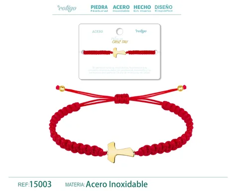 PULSERA HILO DESTINO  CON CRUZ TAU ACERO DORADO