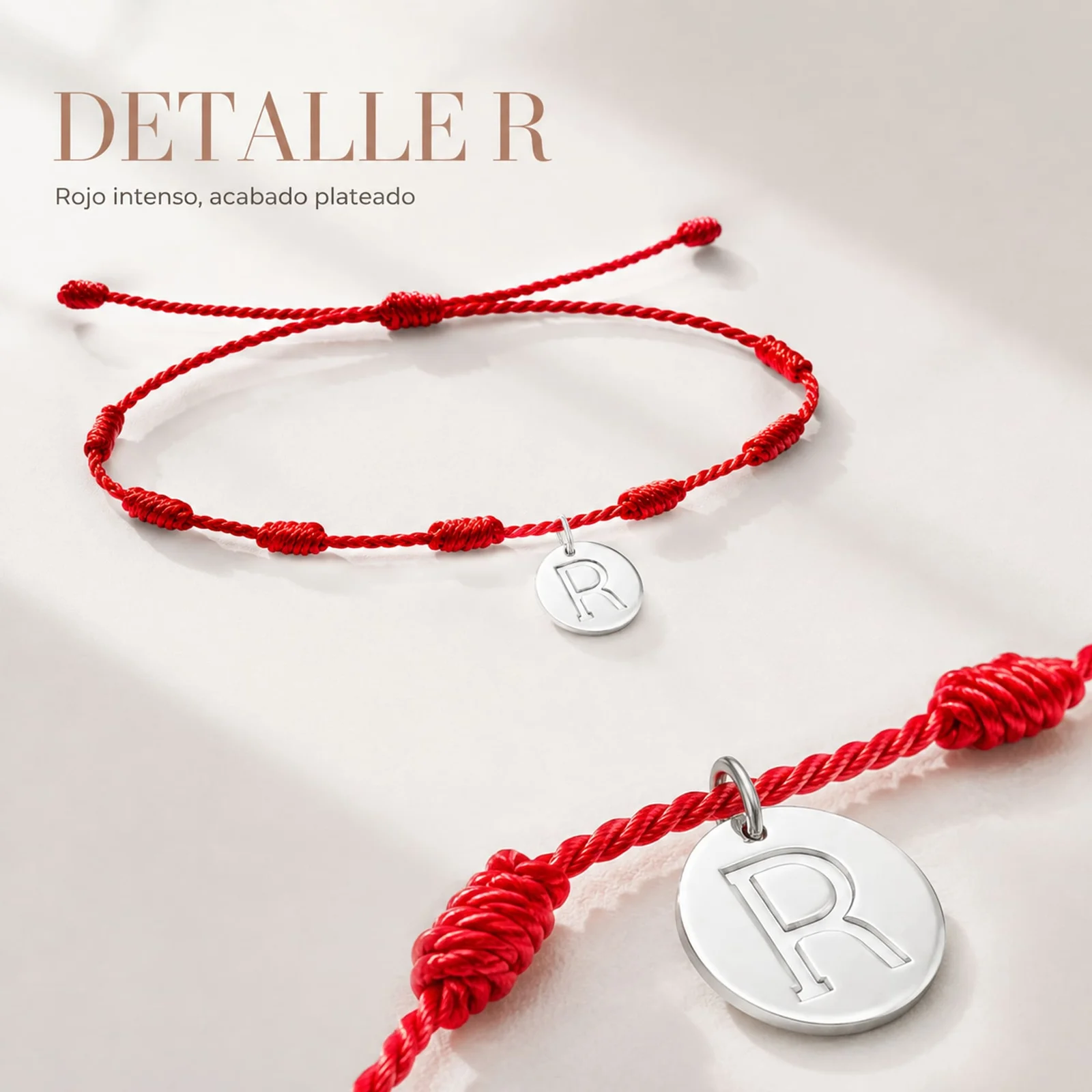 PULSERA 7 NUDOS CON LETRA R COLOR PLATEADO