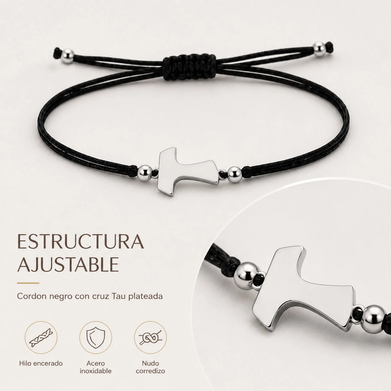 PULSERA CRUZ TAU PLATEADO DE HILO EN.NEGRO