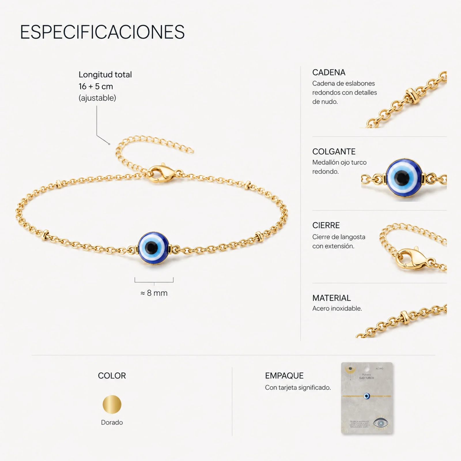 PULSERA OJO TURCO ACERO COLOR DORADO