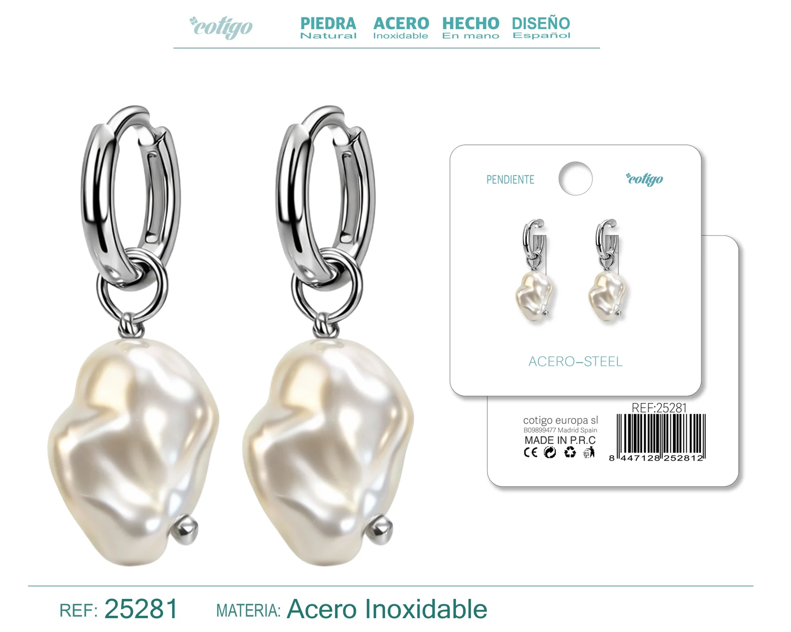 PENDIENTES DE PERLAS BALOTELLI CON ARO ACERO COLOR PLATEADO