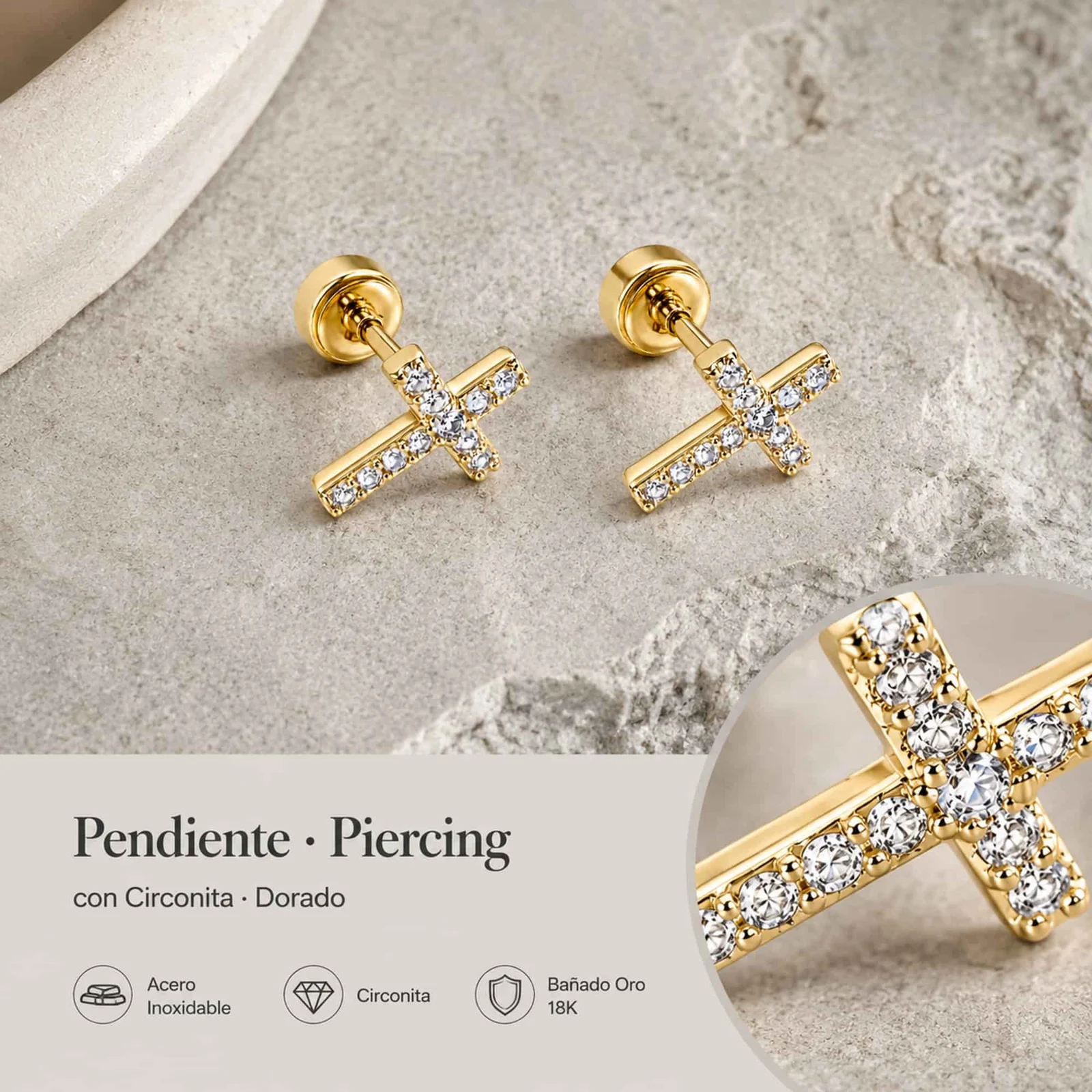 Pendiente-Piercing Bañado Oro 18K y con Circonita