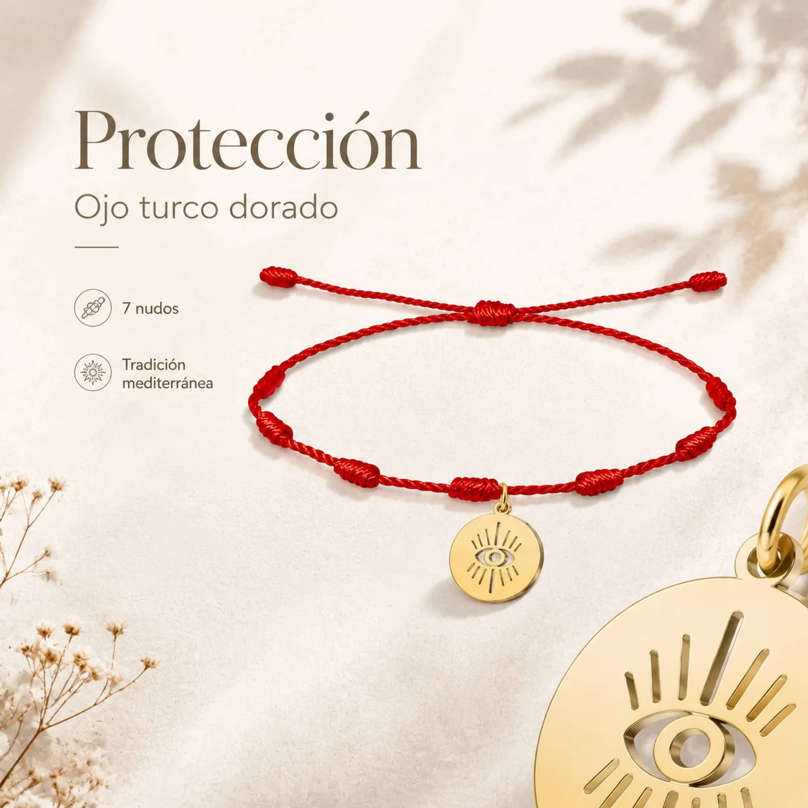 PULSERA 7 NUDOS CON OJO TURCO COLOR DORADO