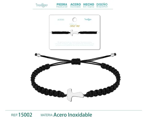 PULSERA HILO DESTINO  CON CRUZ TAU ACERO PLATEADO