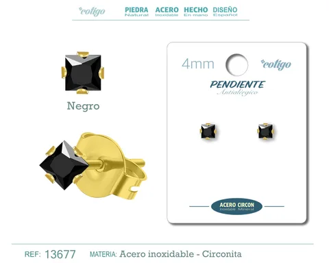 PENDIENTE CIRCONITA CUADRADO-NEGRO-4MM-BASE ACERO DORADO