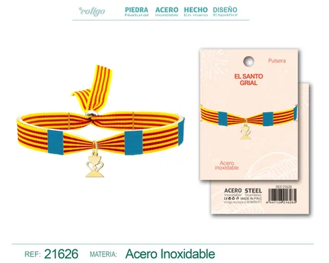 PULSERA BANDERA VALENCIA CON COLGANTE EL SANTO GRIAL ACERO DORADO