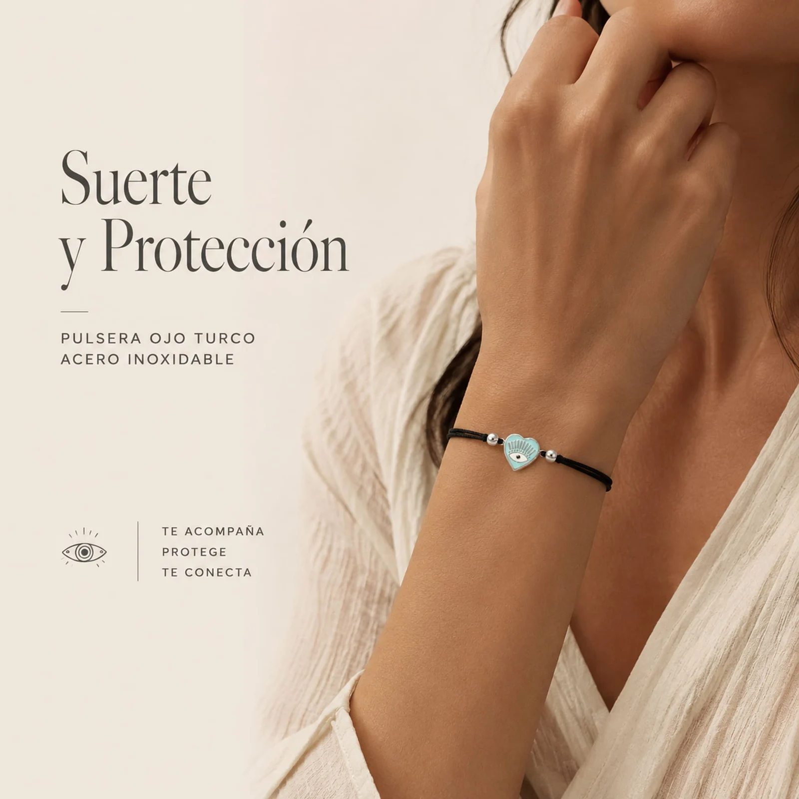 Pulsera Hilo encerado Negro CON OJO TURCO Plateado