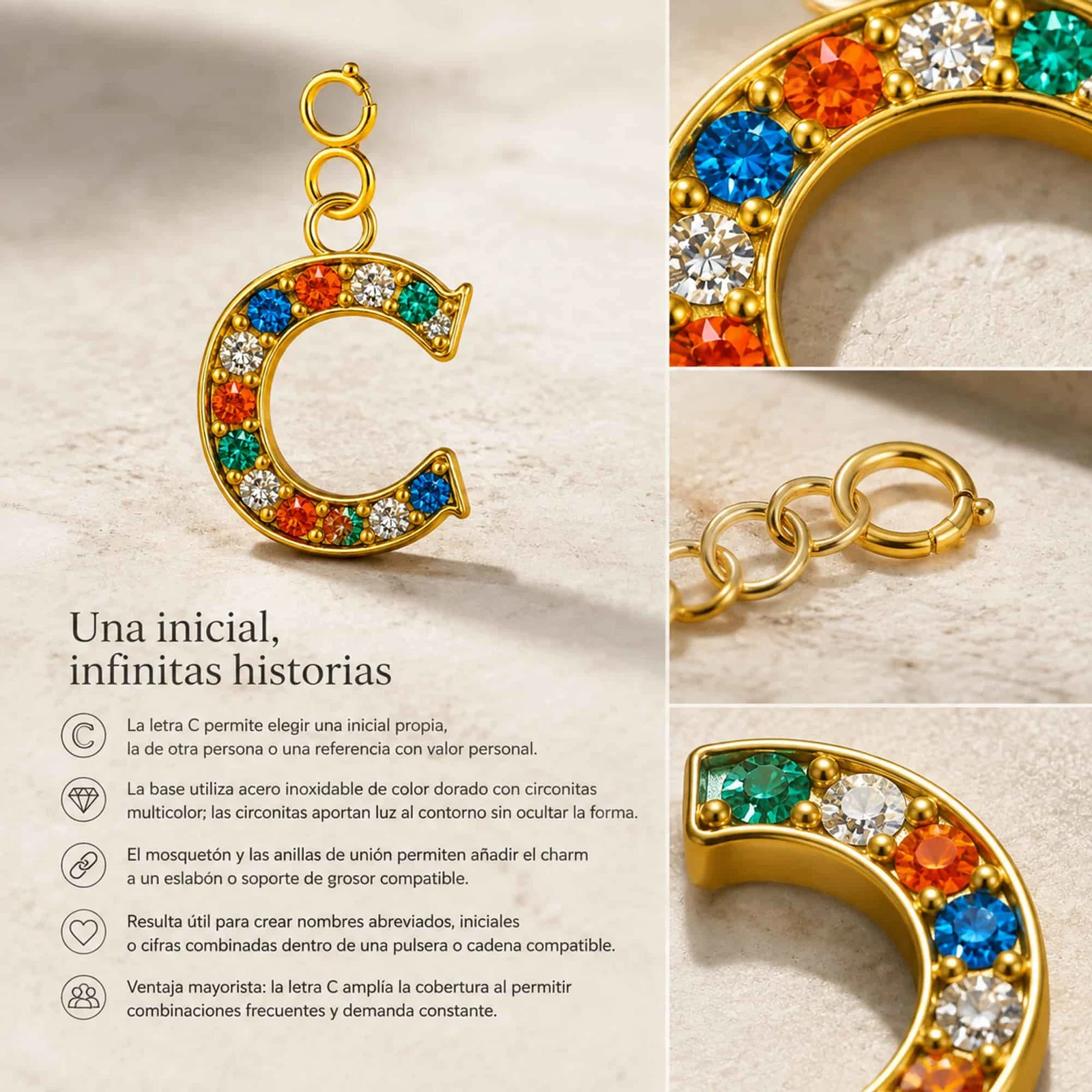 CHARM DE LETRA C ACERO COLOR DORADO CON CIRCONITA-CON CIERRE