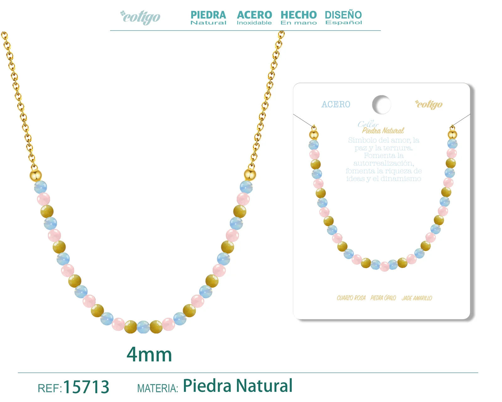 COLLAR JADE AMARILLO，CUARZO ROSA，OPALINA 4MM