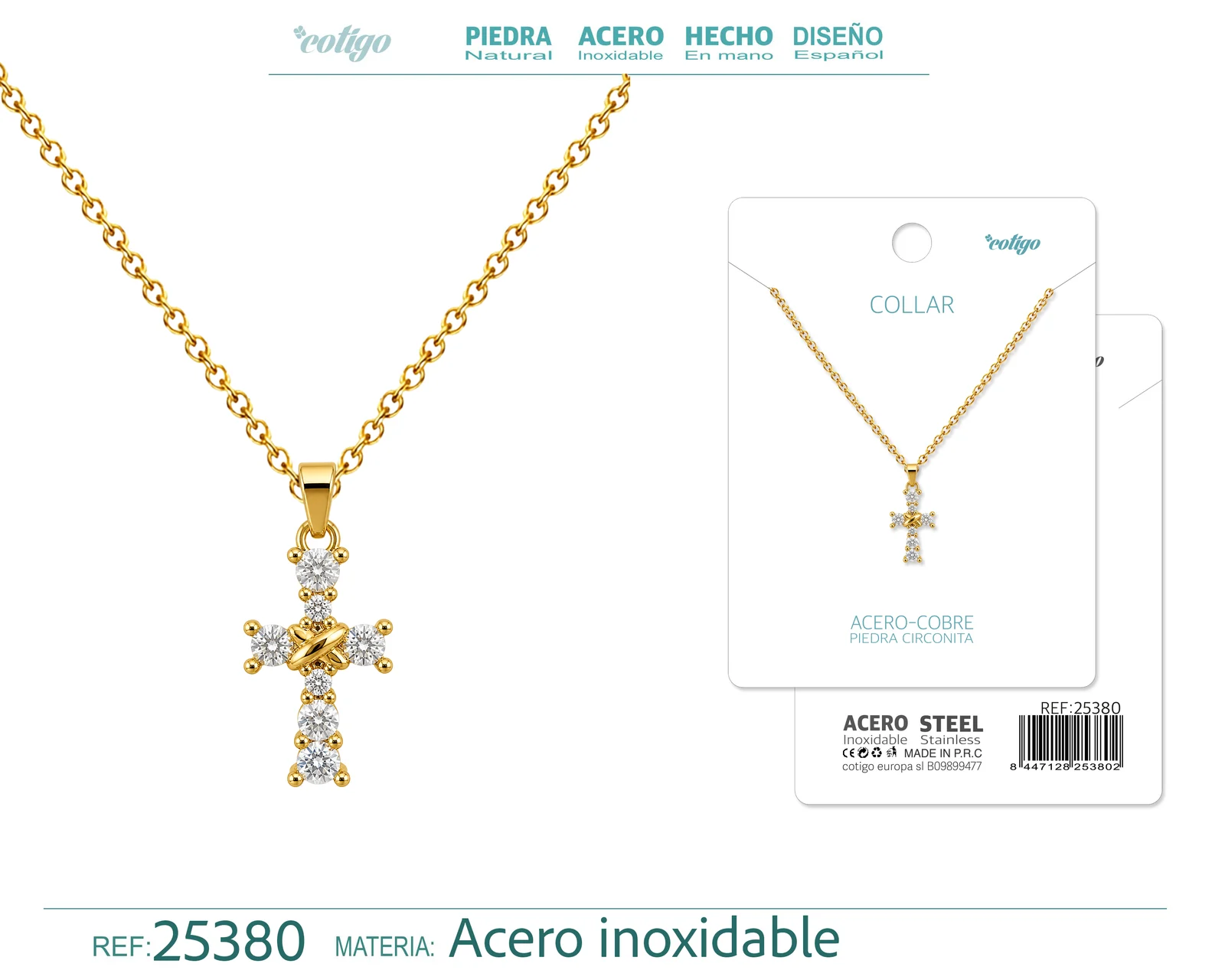 Colgangte Cobre con Circonita Colar Dorado y Cadena Acero