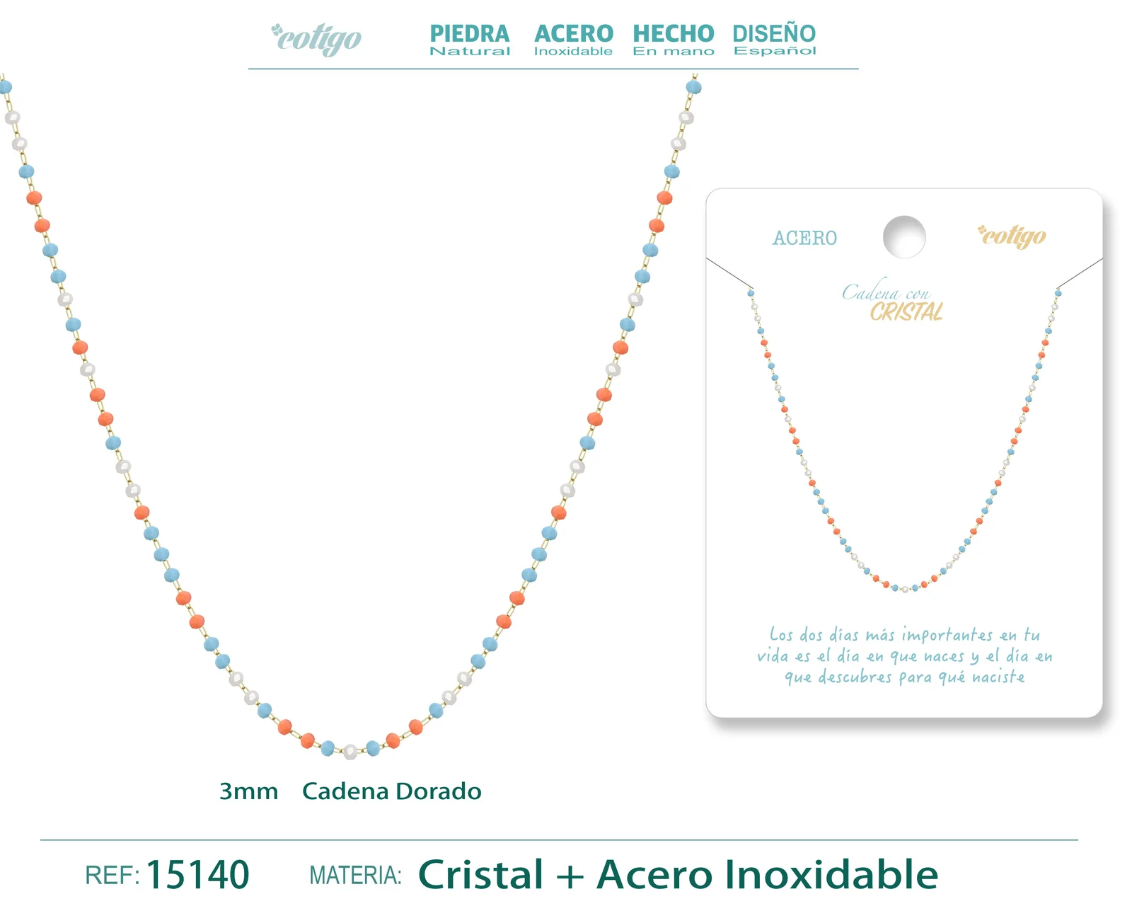 COLLAR ACERO DORADO CON BOLA CRISTAL