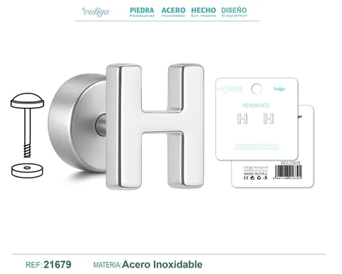 PENDIENTE ACERO  LETRA H COLOR PLATEADO CON CIERRE ROSCA