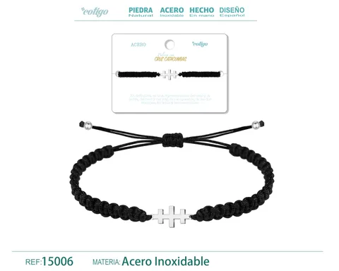 PULSERA HILO DESTINO  CON CRUZ CATACUMBAS ACERO PLATEADO