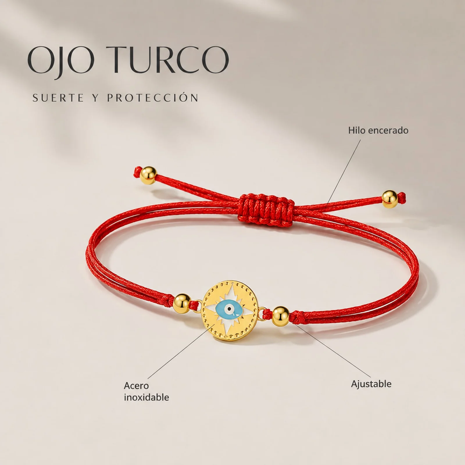 Pulsera Hilo encerado Rojo CON OJO TURCO Dorado