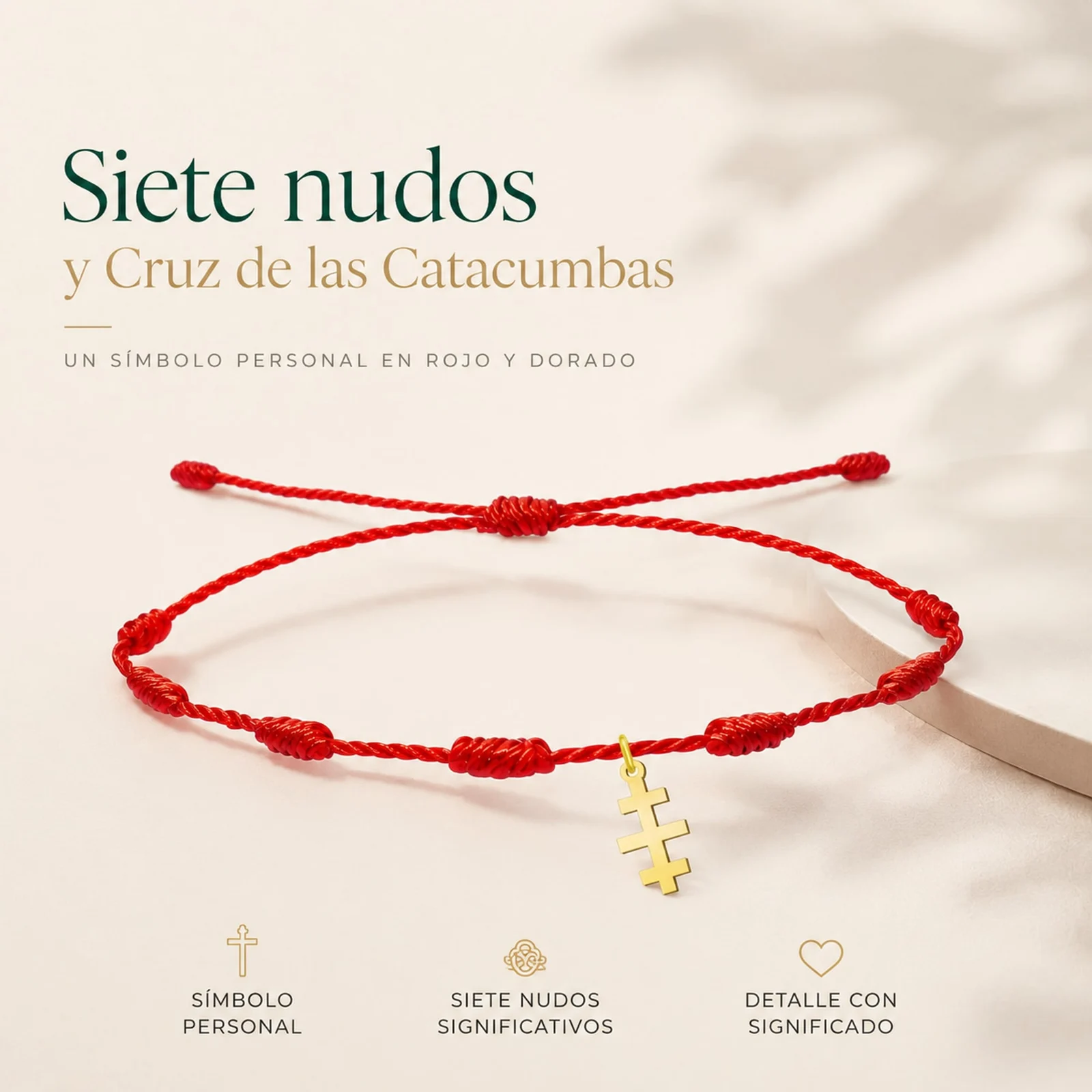 PULSERA 7 NUDOS CON CRUZ DE CATA CUMBAS COLOR DORADO