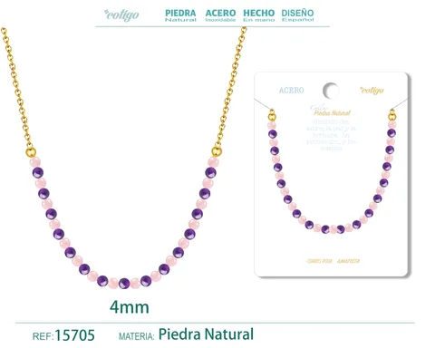 COLLAR CUARZO ROSA，AMATISTA 4MM