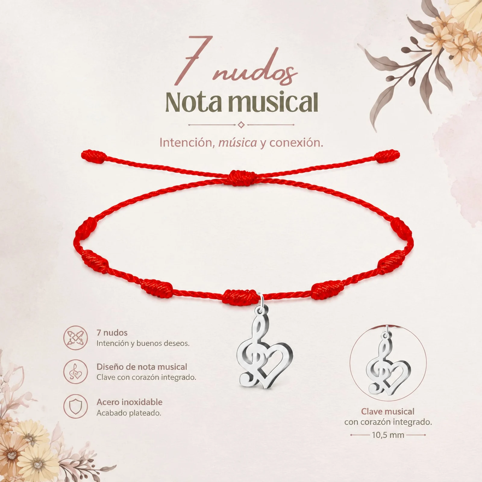 PULSERA 7 NUDOS CON NOTA MUSICAL COLOR PLATEADO