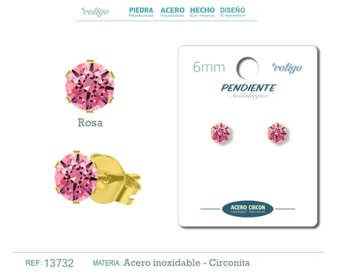 PENDIENTE CIRCONITA REDONDO-ROSA-6MM-BASE ACERO DORADO
