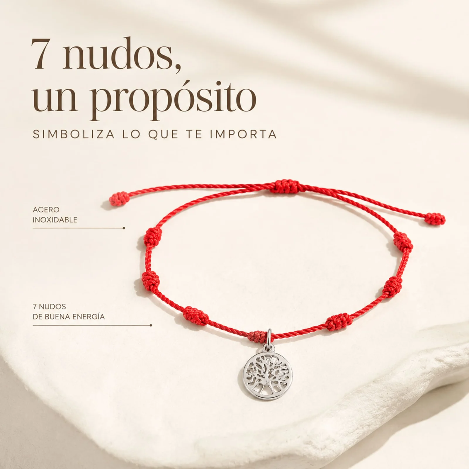 PULSERA 7 NUDOS CON ÁRBOL DE LA VIDA ACERO PLATEADO
