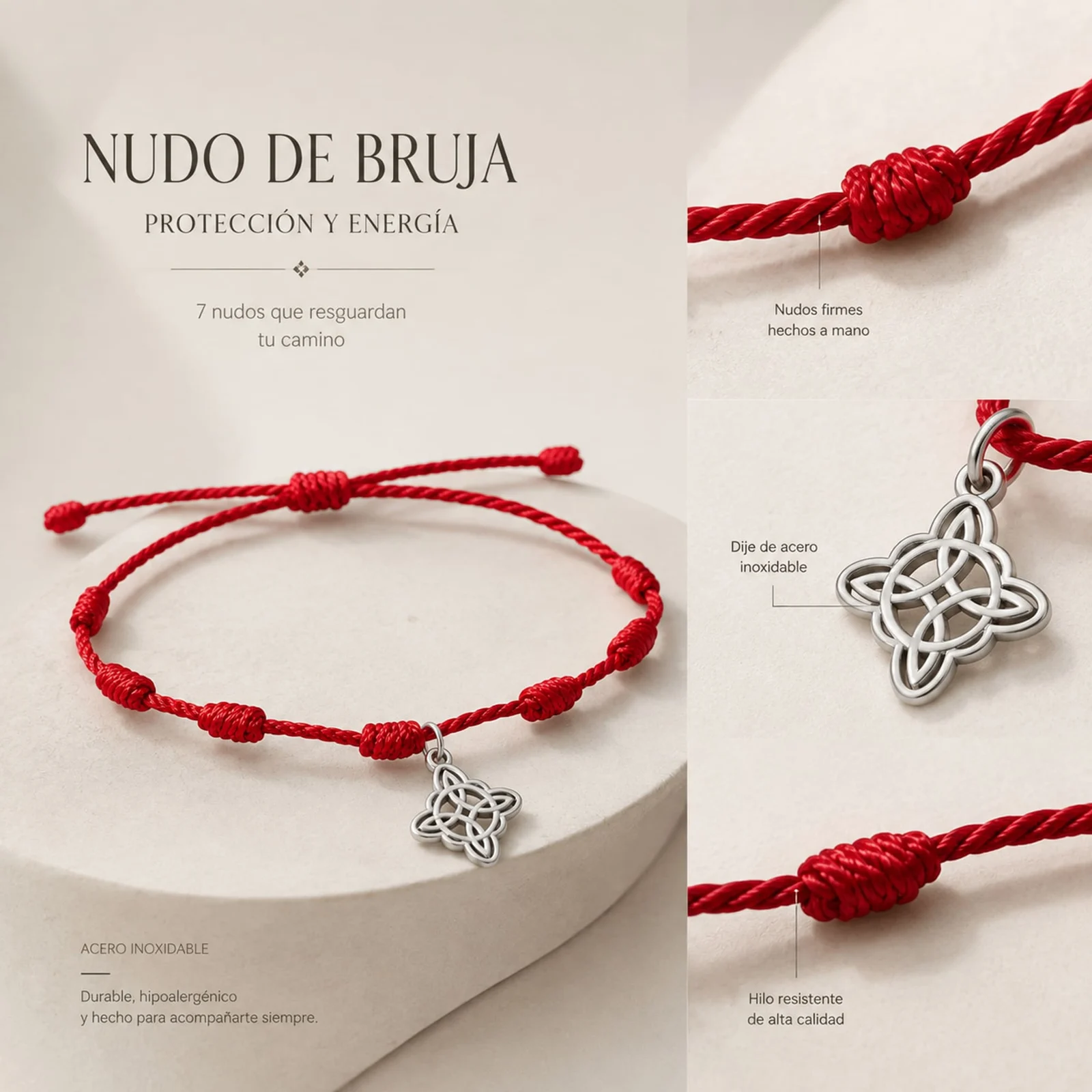 PULSERA 7 NUDOS CON NUDO DE BRUJA ACERO PLATEADO