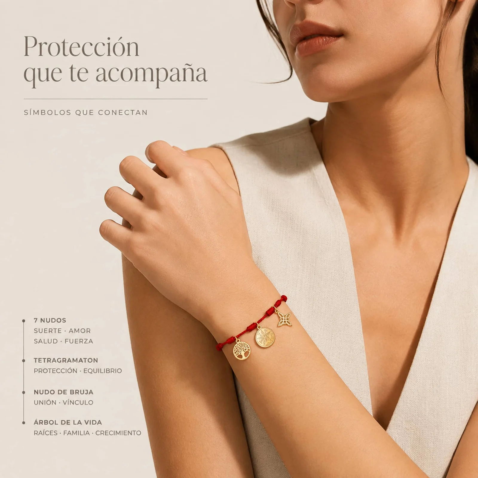 PULSERA 7 NUDOS CON TETRAGRÁMATON  NUDO DE BRUJA Y ÁRBOL DE LA VIDA ACERO DORADO