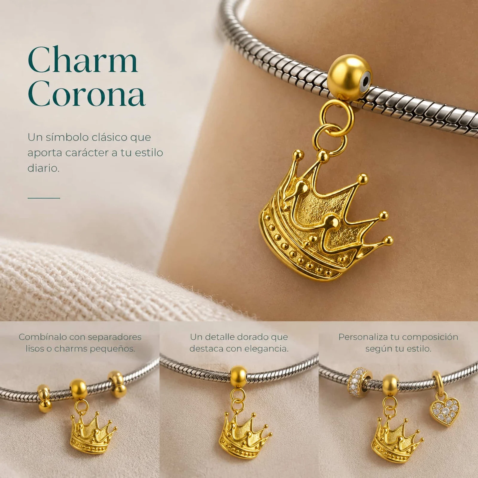CHARM ACERO DORADO CHAPADO ORO 14 K-CON BOLA DE GOMA
