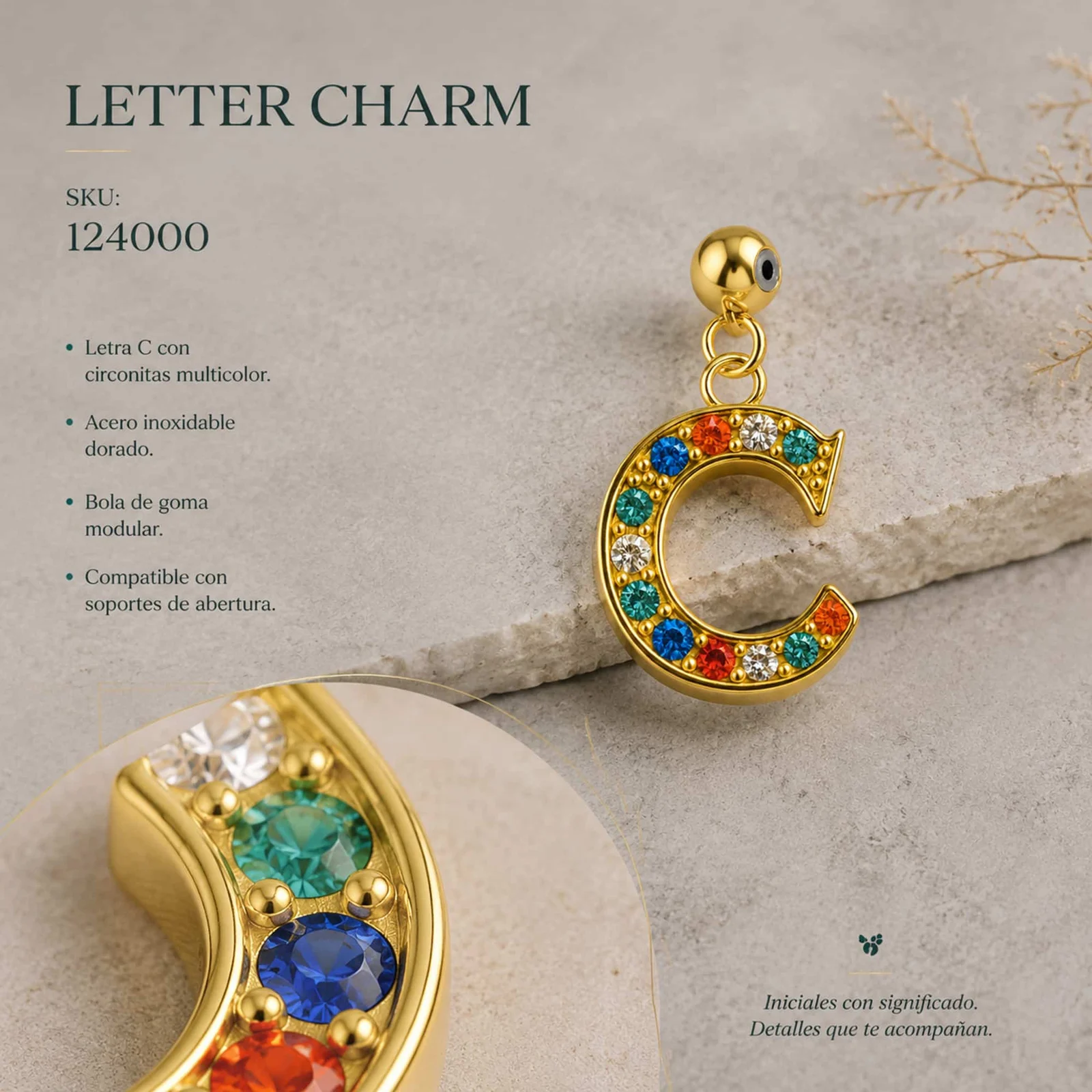 CHARM DE LETRA C ACERO COLOR DORADO CON CIRCONITA-CON BOLA DE GOMA
