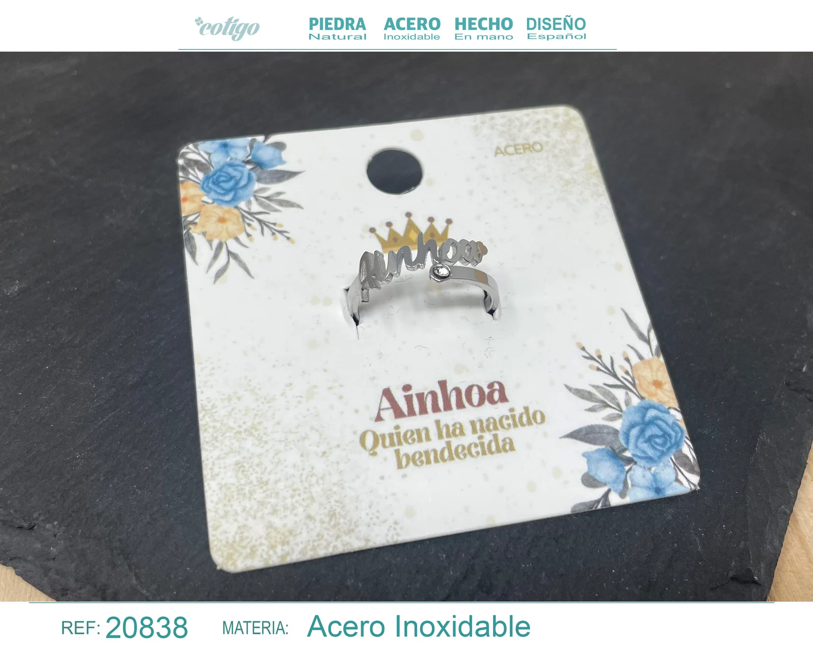 ANILLO NOMBRE AINHOA ACERO COLOR PLATEADO