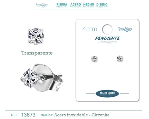 PENDIENTE CIRCONITA CUADRADO-TRANSPARENTE-4MM-BASE ACERO PLATEADO