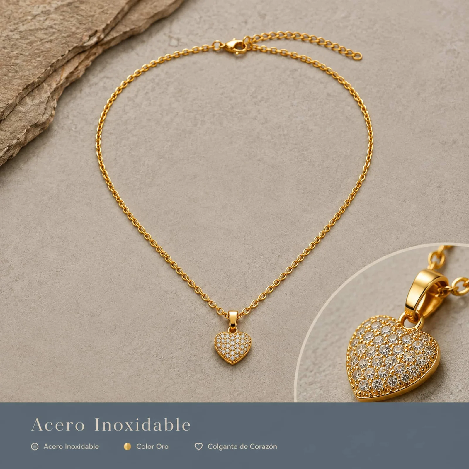 Colgangte Cobre con Circonita Colar Dorado y Cadena Acero