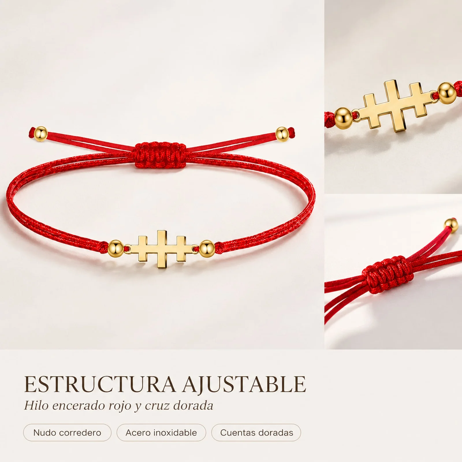 PULSERA CRUZ CATACUMBAS DORADO DE HILO EN.ROJO