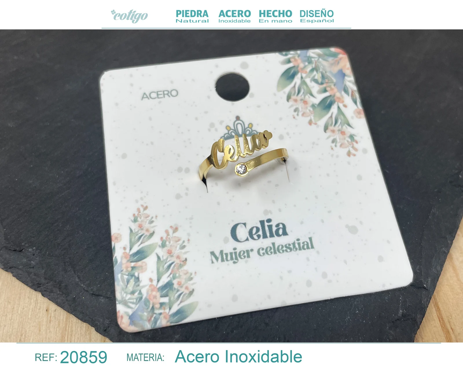 ANILLO NOMBRE CELIA ACERO COLOR DORADO