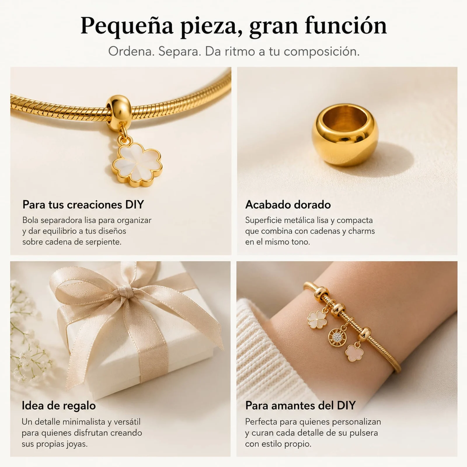 CHARM DE BOLA 6MM ACERO DORADO CON AGUJERO 3MM PARA CADENA DE SERPIENTE