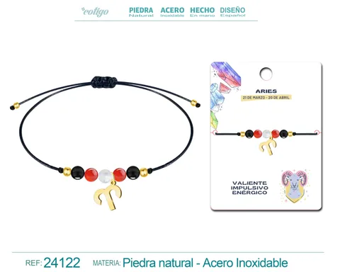 PULSERA PIEDRA NATURAL CON COLGANTE ARIES ACERO DORADO