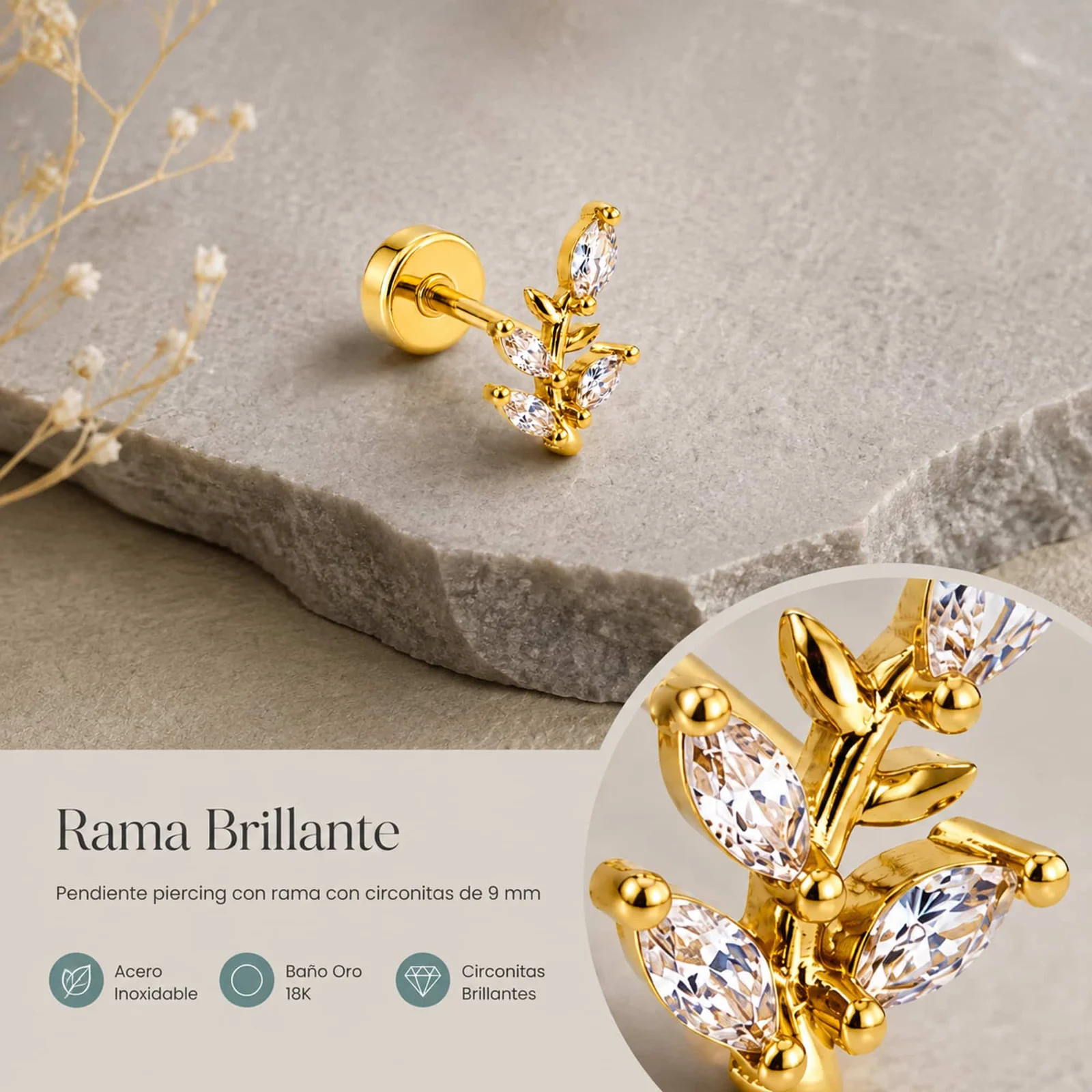 Pendiente-Piercing Bañado Oro 18K y con Circonita