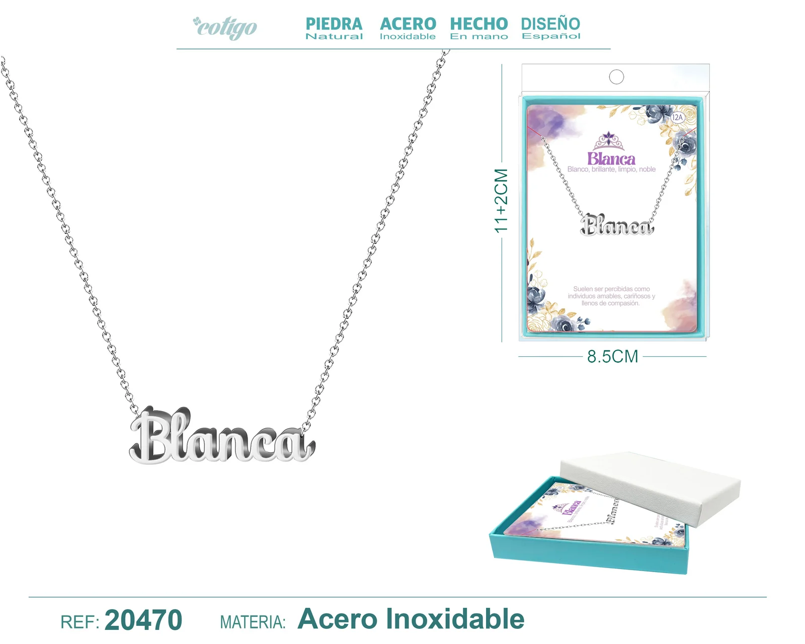 12A COLLAR NOMBRE- BLANCA-ACERO PLATEADO