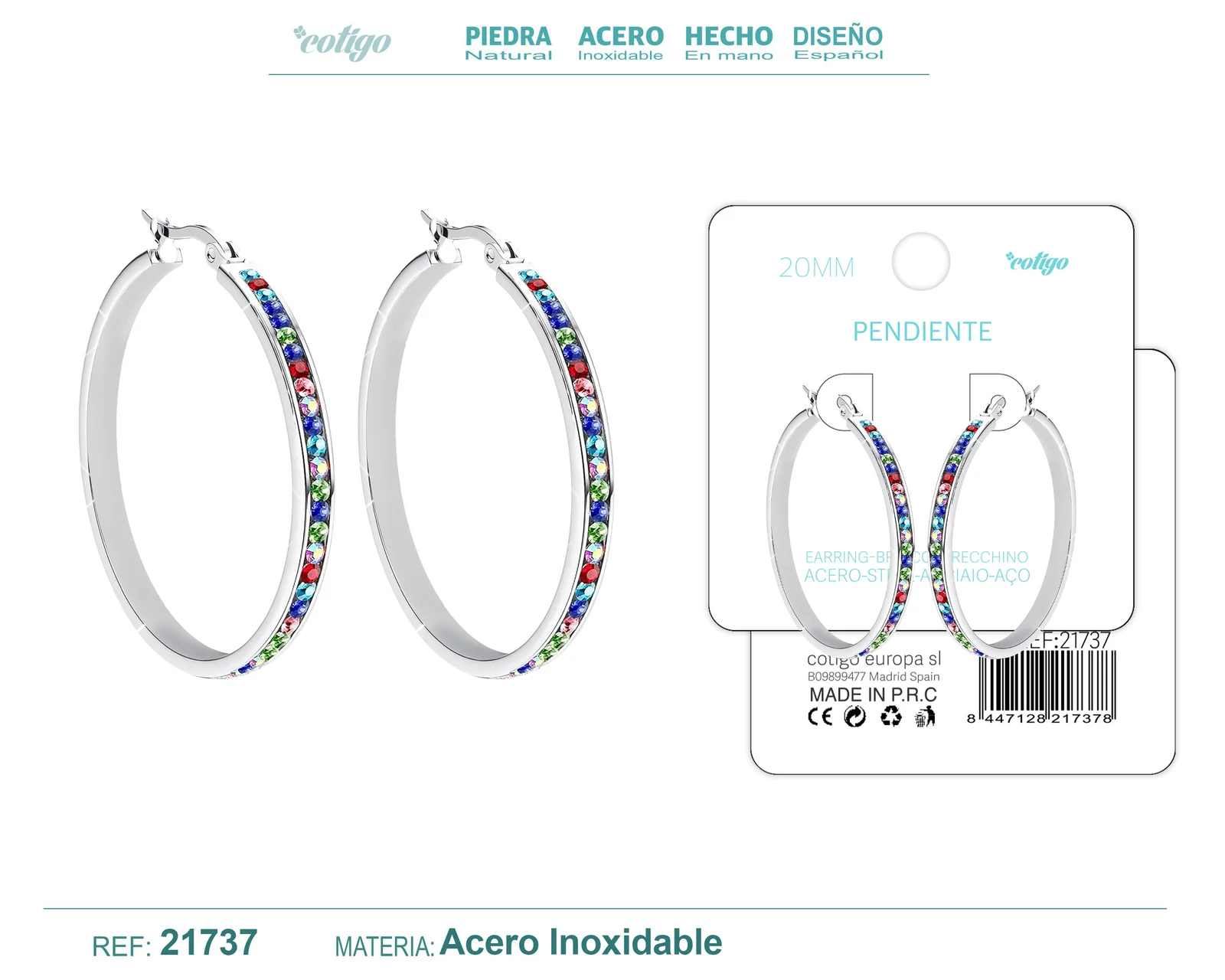 ARO ACERO 20MM PLATEADO CON CIRCONITA COLORES