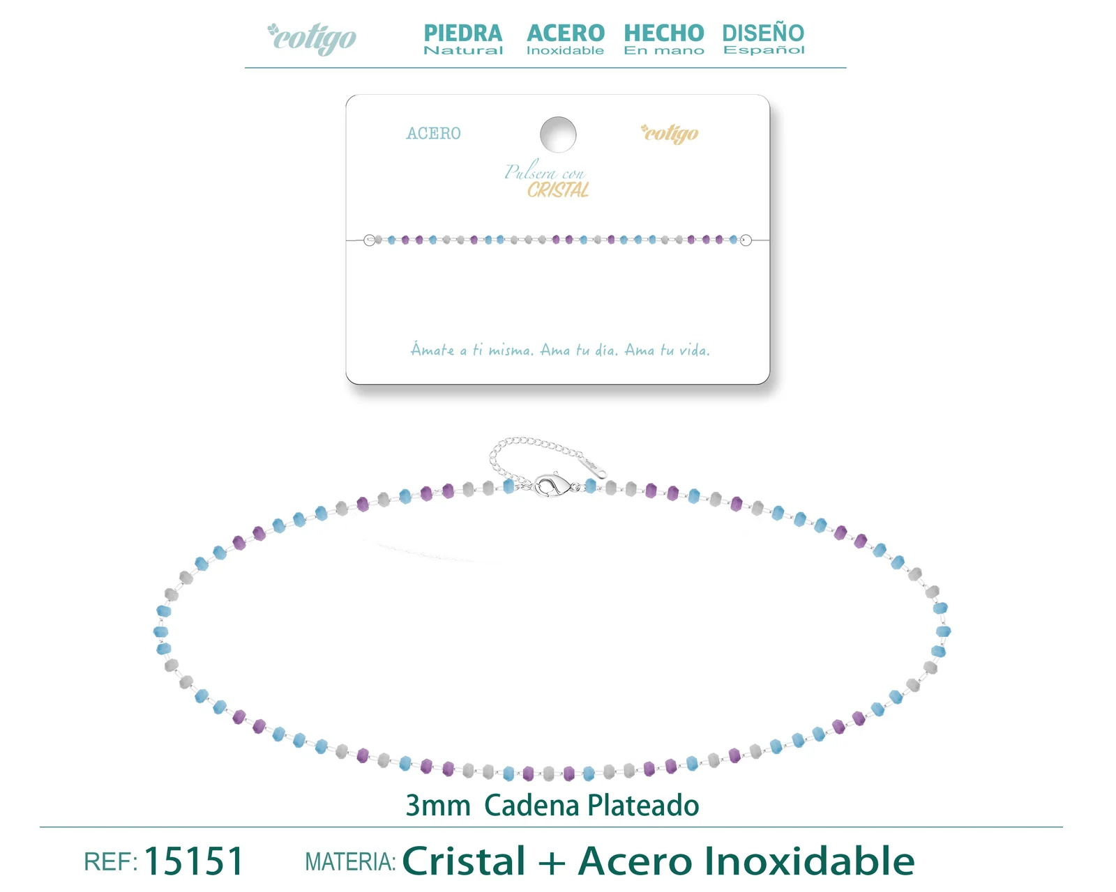 PULSERA ACERO COLOR PLATEADO CON BOLA CRISTA